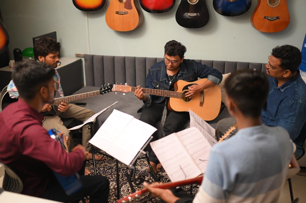 Group practice reading from music stands